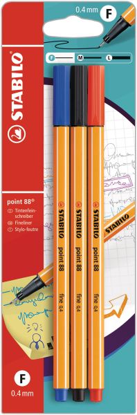 STABILO Fineliner Point 88 B-10213-10 schwarz/blau/rot, 3 Stück