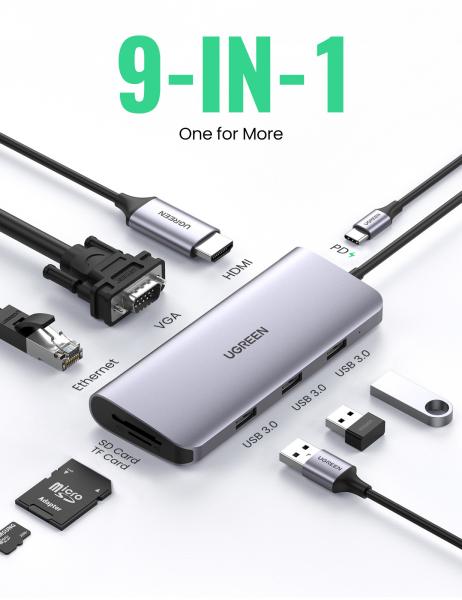 Ugreen usb-c hub 9in1 hdmi ,vga,rj45 40873 sd tf,3xusb-a,usb-c pd,silver - Ugreen-40873-6957303848737-02.jpg