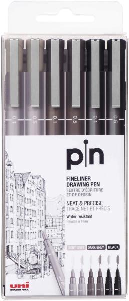 UNI-BALL Fineliner Pin 0.1/0.5mm PIN-200(S) Grey&Black 6P 3 Farben 6 Stück