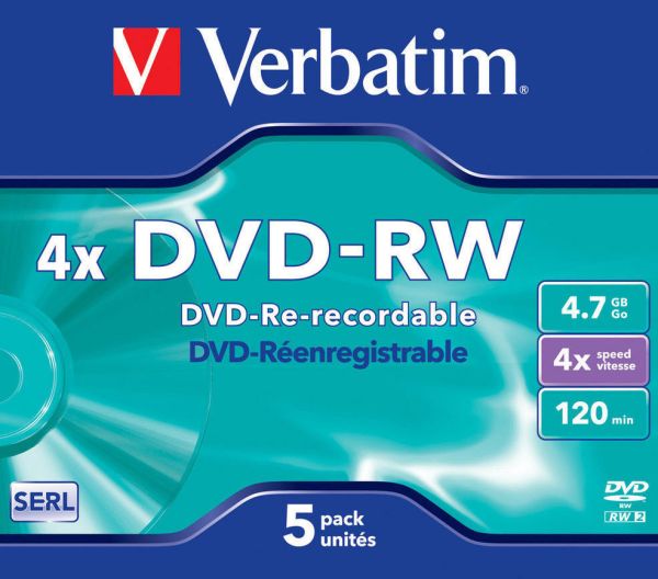 VERBATIM DVD-RW Jewel 4.7GB 43285 1-4x 5 Pcs