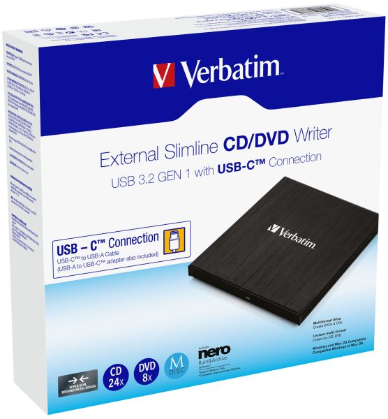 VERBATIM External Slimline 43886 CD/DVD Writer USB-C