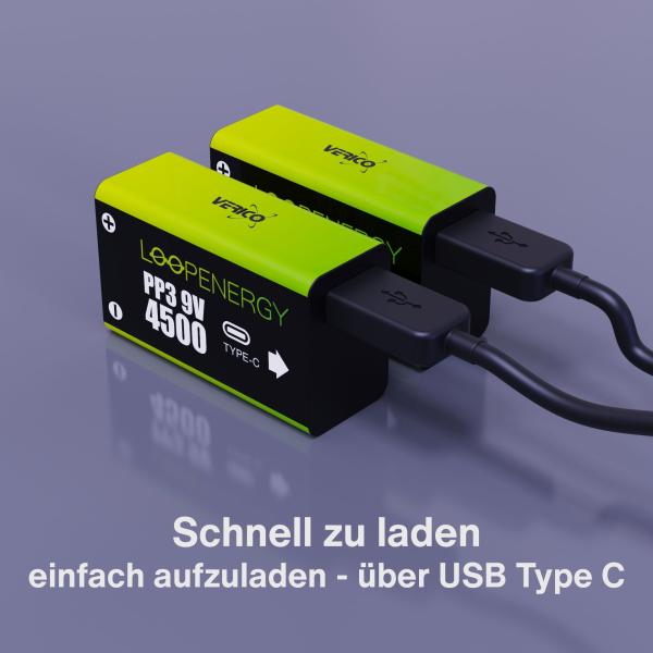 VERICO LoopEnergy Akku USB-C 1UDBT-A3WEB2 9V/6LR61 (500mAh) 2 Stück