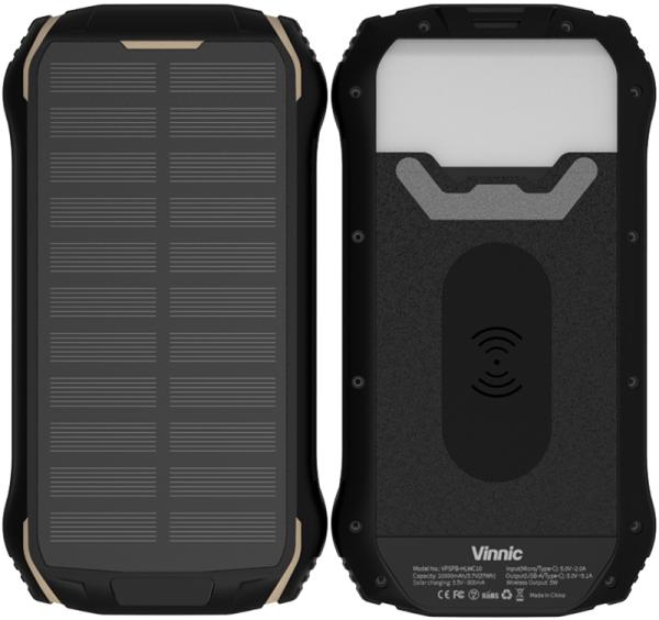 Vinnic solar powerbank 10'000 mah vpspb-hlwc10 w/led panel,wireless charg. - Vinnic-vpspb-hlwc10-4898338016789