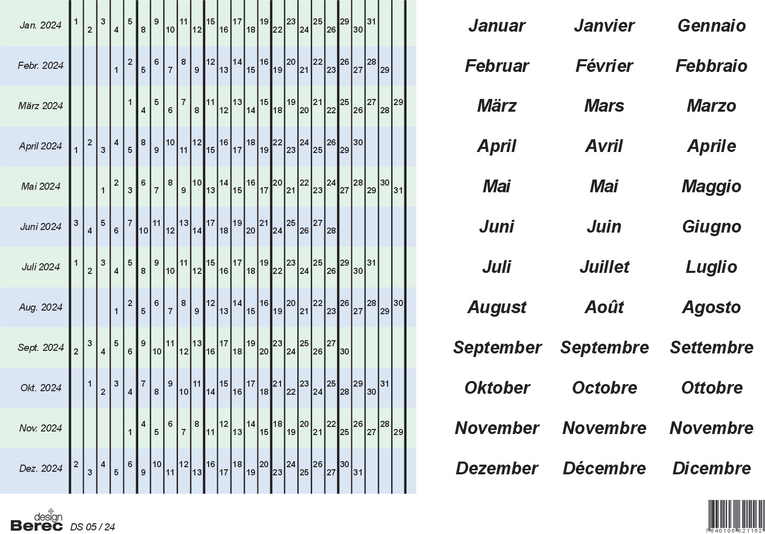 BEREC Datumsstreifenset 2026 DS 05/22 selbstklebend 5-Tage-Woche