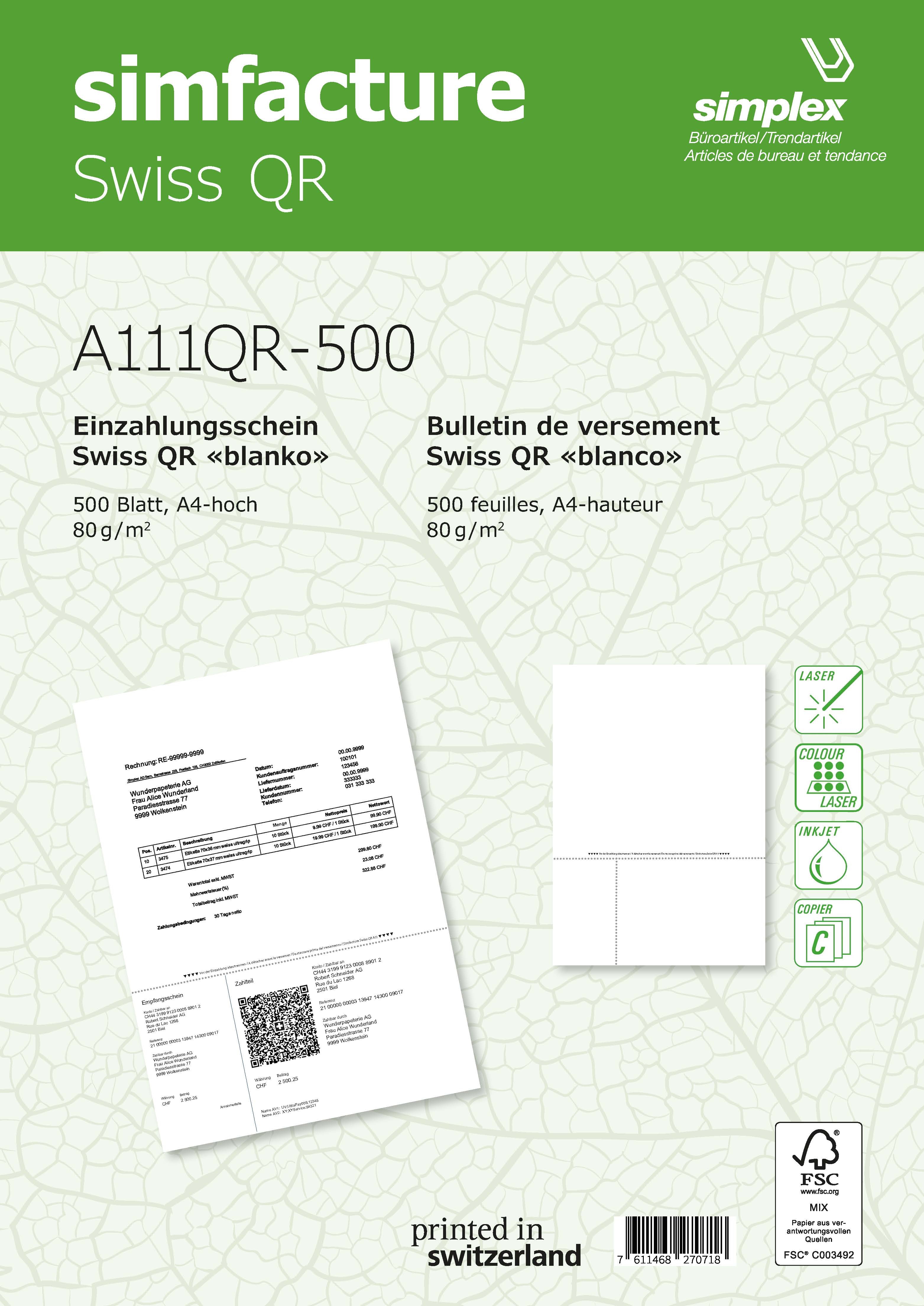 SIMPLEX Simfacture Swiss QR FSC A4 A111QR-500 univ.perforiert, 80g 500 Blatt