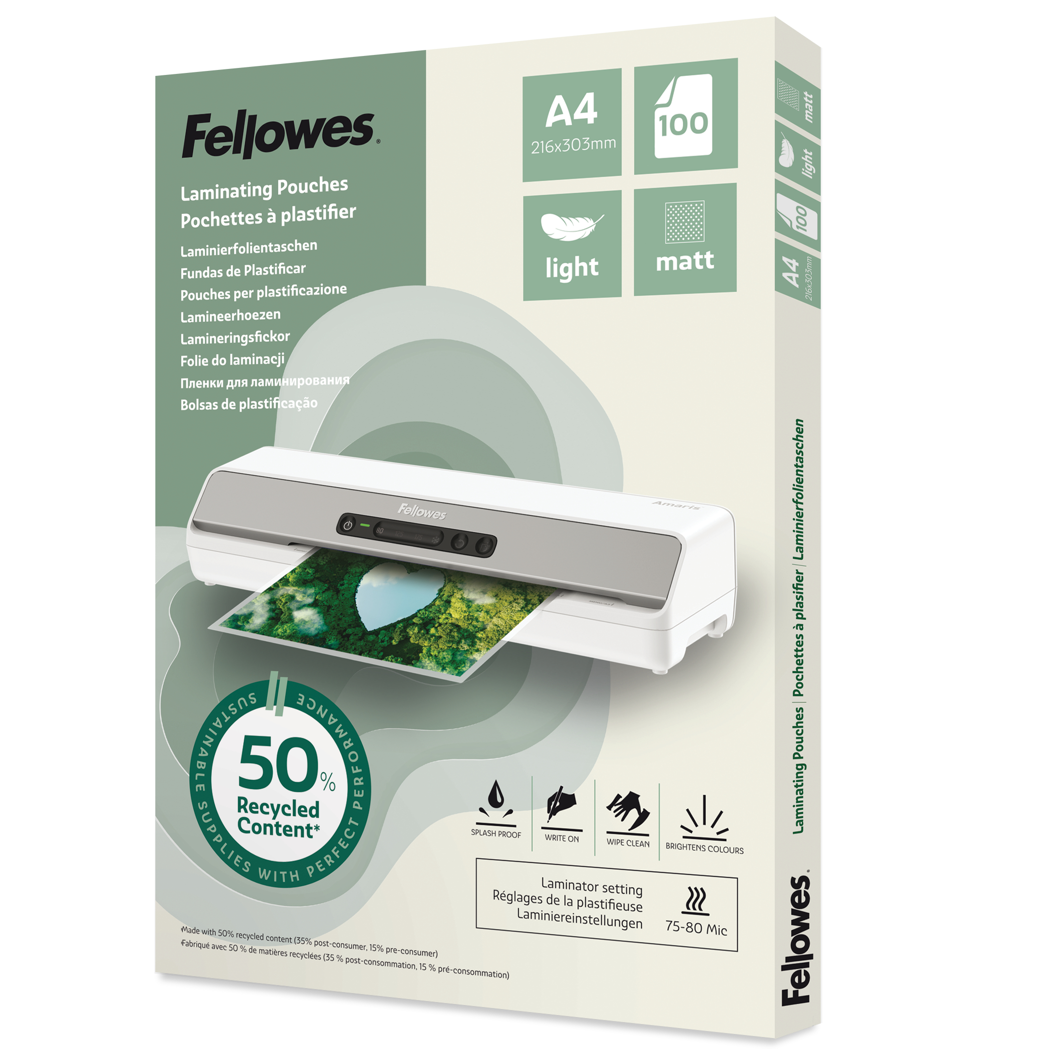 FELLOWES Laminierfolien Recycling A4 100143435 matt, 80 my 100 Stück